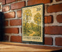 A vintage-style postage stamp featuring a garden scene with yellow flowers and a winding path, mounted on a brick wall.