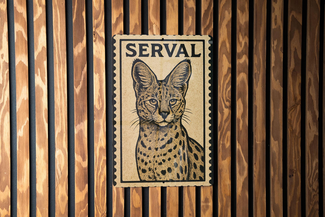A wooden wall with a framed image of a spotted cat, which appears to be a serval cat, mounted on it.