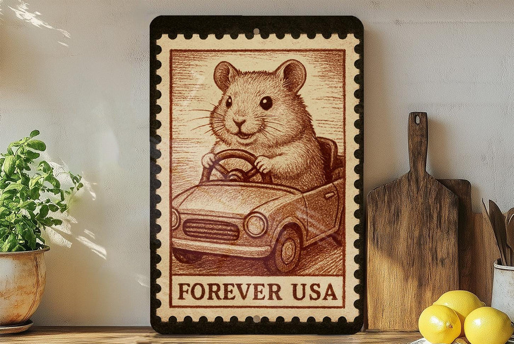 a framed stamp-like artwork depicting a hamster sitting in a miniature car, with the text "FREVER USA" below the image.