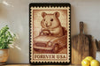 a framed stamp-like artwork depicting a hamster sitting in a miniature car, with the text "FREVER USA" below the image.