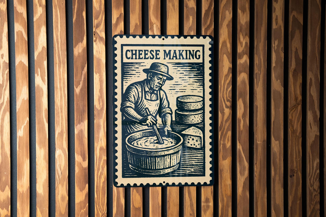 A black and white illustration of a man making cheese, with the text "CHEESE MAKING" prominently displayed.
