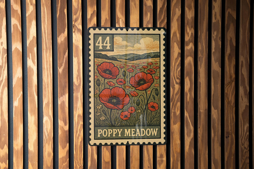 A stamp-like image of a field of red poppies, with the text "POPPY MOUND" below it, is displayed on a wooden wall.