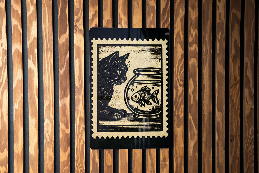 A black and white illustration of a cat sitting next to a fishbowl on a wooden surface.