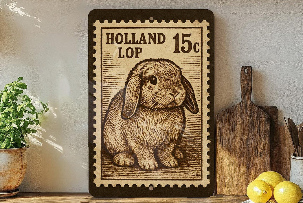 A wooden frame with a printed image of a rabbit, which appears to be a postage stamp, is displayed on a shelf next to a wooden cutting board and some lemons.