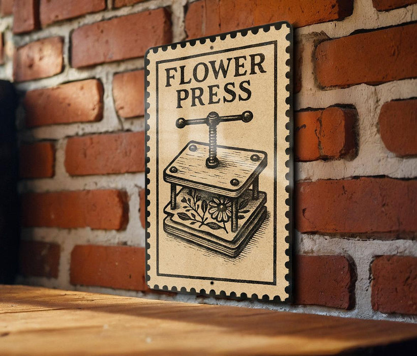 A sign for a "flower press" is displayed on a brick wall, featuring an illustration of a wooden press with a flower design.