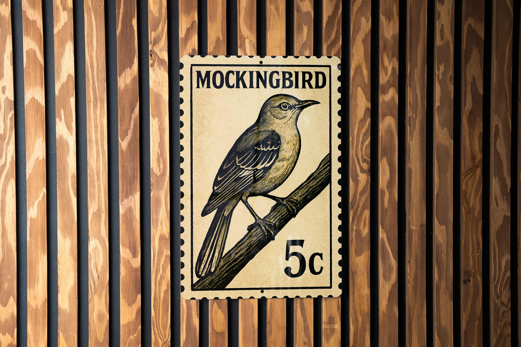 A vintage postage stamp featuring a bird, likely a Mockingbird, perched on a branch.