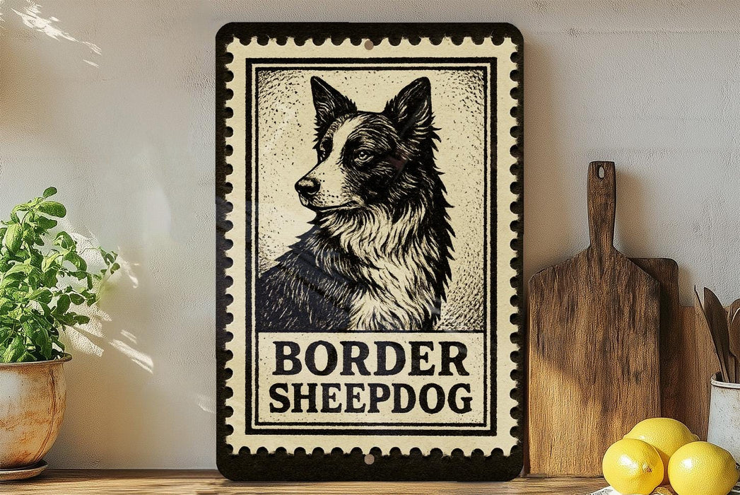 A black and white illustration of a Border Sheepad dog is displayed on a shelf, accompanied by a wooden cutting board and some lemons.