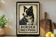 A black and white illustration of a Border Sheepad dog is displayed on a shelf, accompanied by a wooden cutting board and some lemons.