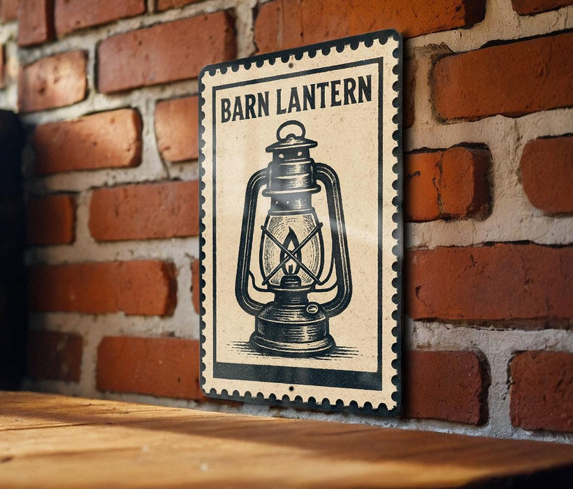 A metal sign with a lantern illustration is mounted on a brick wall.