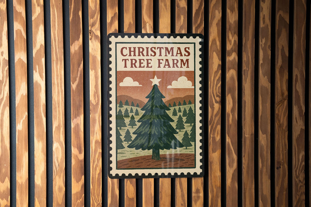 A Christmas tree farm sign is displayed on a wooden wall, featuring a tree illustration and the text "CHRISTMAS TREE FARM" in a decorative font.