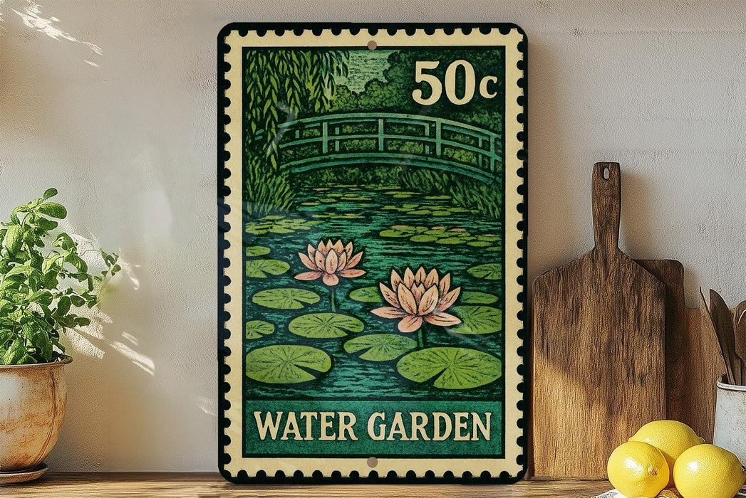 A framed print of a water garden scene, featuring a bridge and lily pads, is displayed on a shelf next to a wooden cutting board and some potted plants.