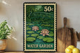 A framed print of a water garden scene, featuring a bridge and lily pads, is displayed on a shelf next to a wooden cutting board and some potted plants.