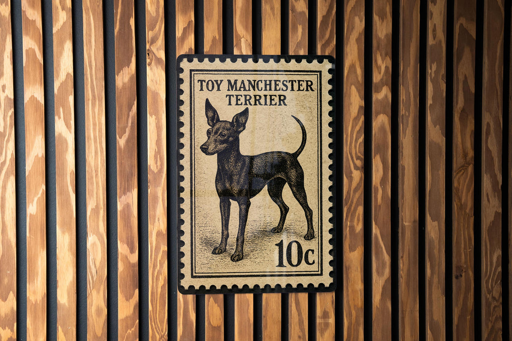 A toy Manchester Terrier dog is depicted on a postage stamp-like sign, mounted on a wooden wall.