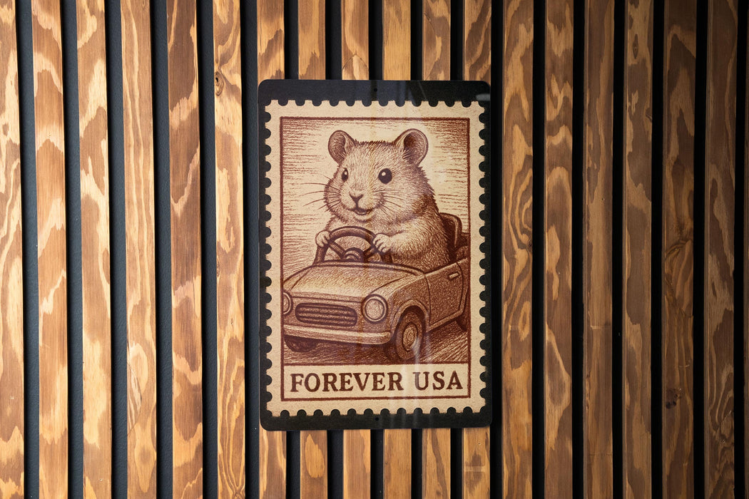 A postage stamp featuring a cartoon image of a hamster driving a car, with the text "FREVER USA" printed below it.
