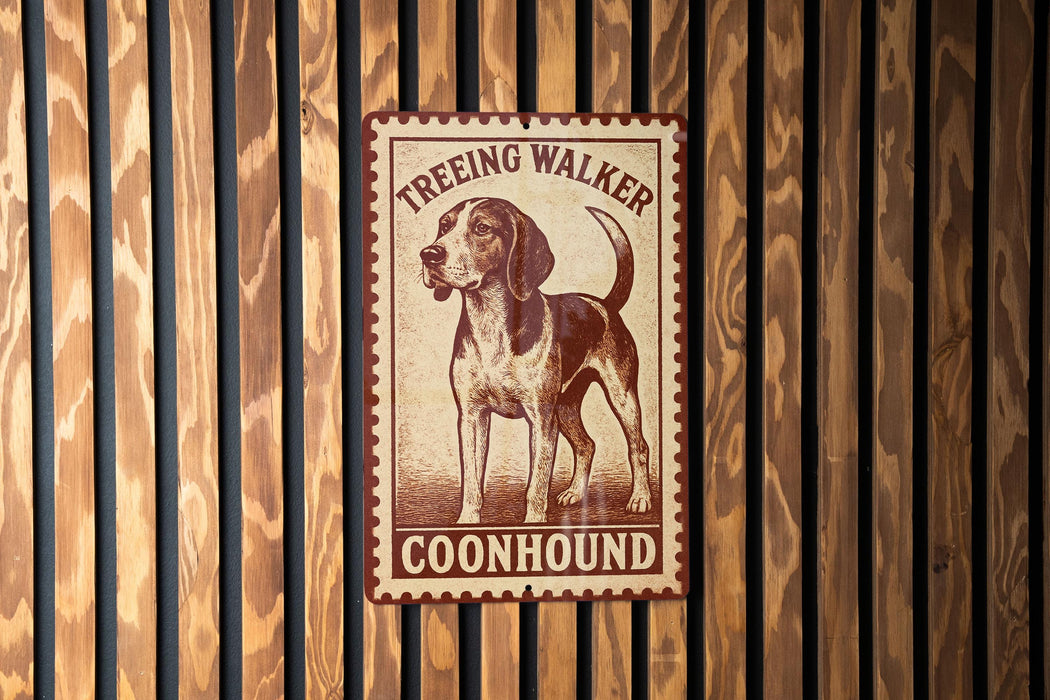 A metal sign with a picture of a beagle dog and the text "TREING WALKER COONHOUND" is displayed on a wooden fence.