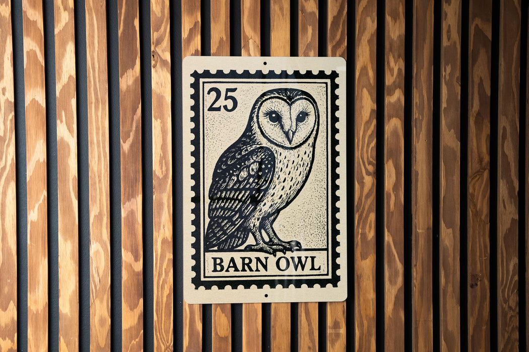 A barn owl postage stamp is displayed on a wooden wall.