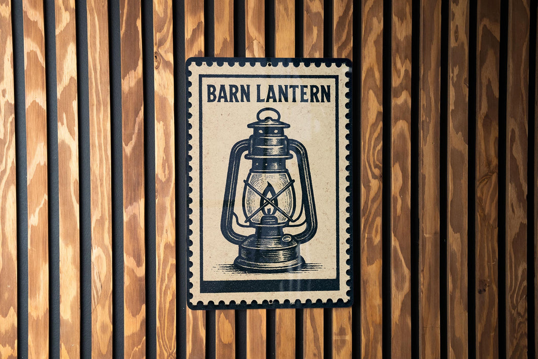 A barn lantern sign is displayed on a wooden wall.