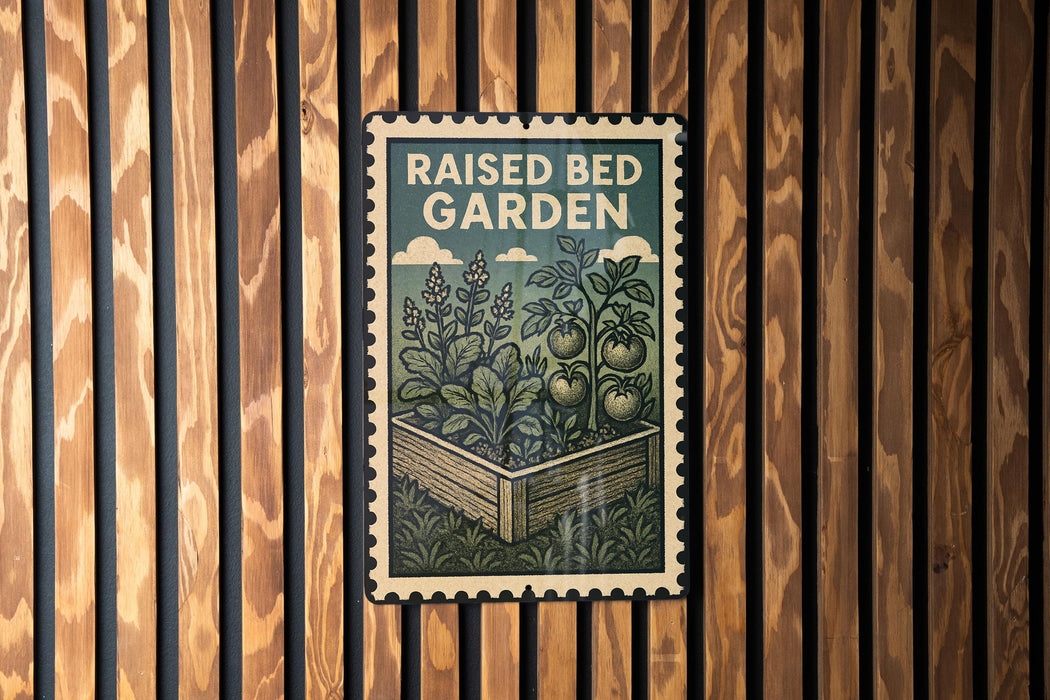 a raised bed garden poster with a wooden fence in the background.
