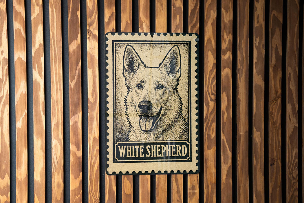 A metal sign featuring a close-up of a white shepherd dog's face, mounted on a wooden wall.