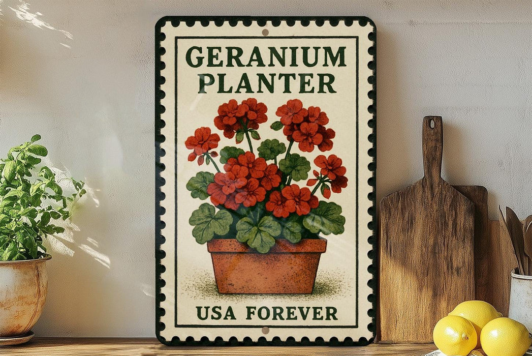 A vintage-style metal sign with a potted geranium plant on it, placed on a wooden shelf next to a wooden cutting board and some lemons.
