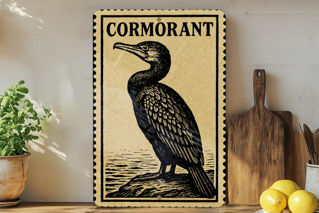 a decorative cormorant sign with a black and white illustration of a bird perched on a rock, placed on a wooden surface next to a potted plant and a wooden cutting board.