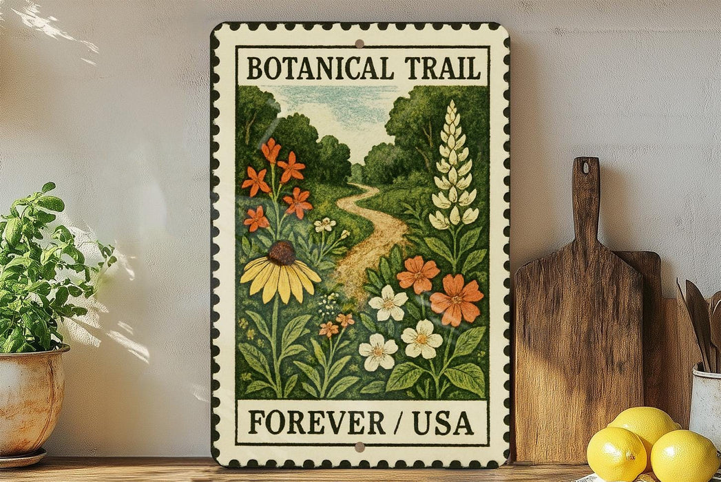 A vintage-style botanical trail stamp from Forever / USA, featuring a lush green landscape with a winding path and various colorful flowers.
