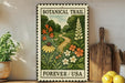 A vintage-style botanical trail stamp from Forever / USA, featuring a lush green landscape with a winding path and various colorful flowers.