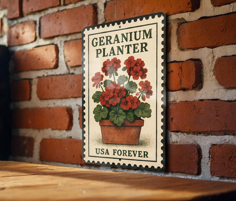 A vintage-style metal sign with a floral illustration of geraniums, mounted on a brick wall.