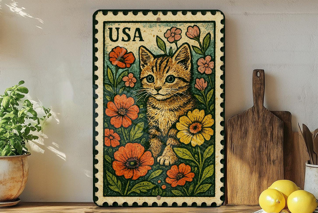 A metal stamp with a cat illustration on it, surrounded by flowers, is displayed on a shelf next to a wooden cutting board and some potted plants.