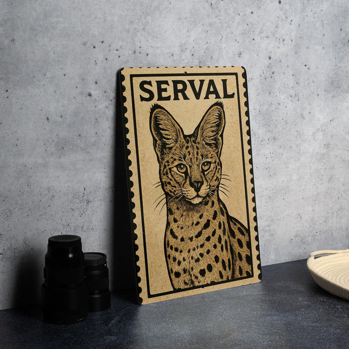 a poster of a serval cat, which is a type of cat with distinctive spotted fur.