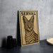 a poster of a serval cat, which is a type of cat with distinctive spotted fur.