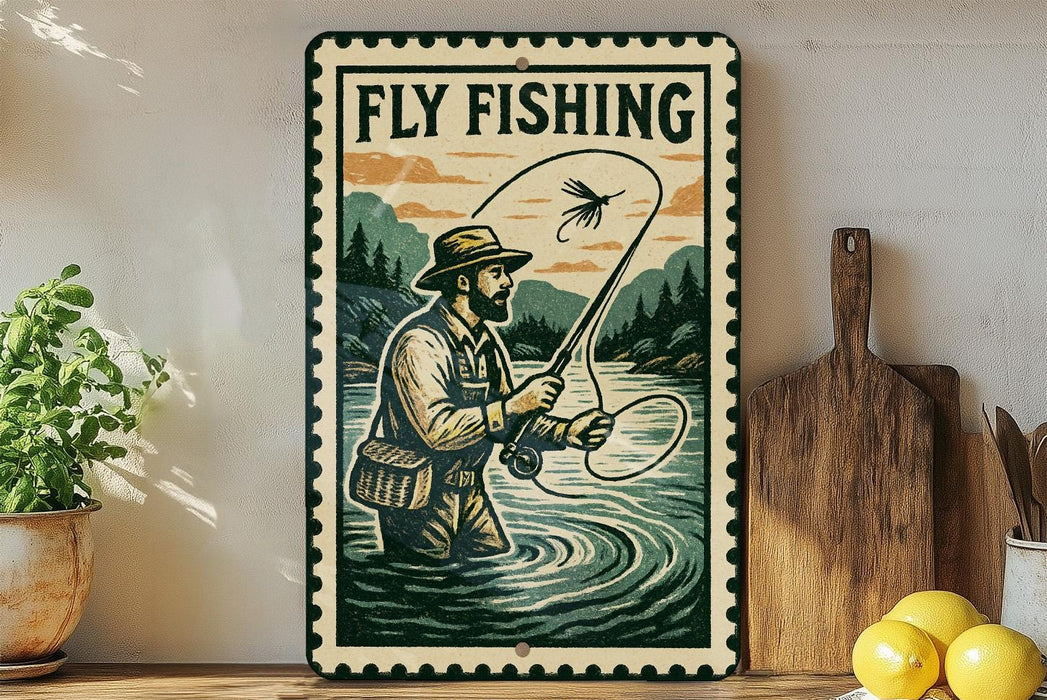 a vintage-style sign with a man fishing in a river, surrounded by nature, and a wooden paddle.