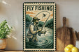 a vintage-style sign with a man fishing in a river, surrounded by nature, and a wooden paddle.