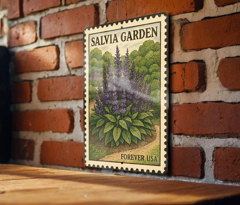 A framed print of a postage stamp depicting a lavender plant is displayed on a brick wall.