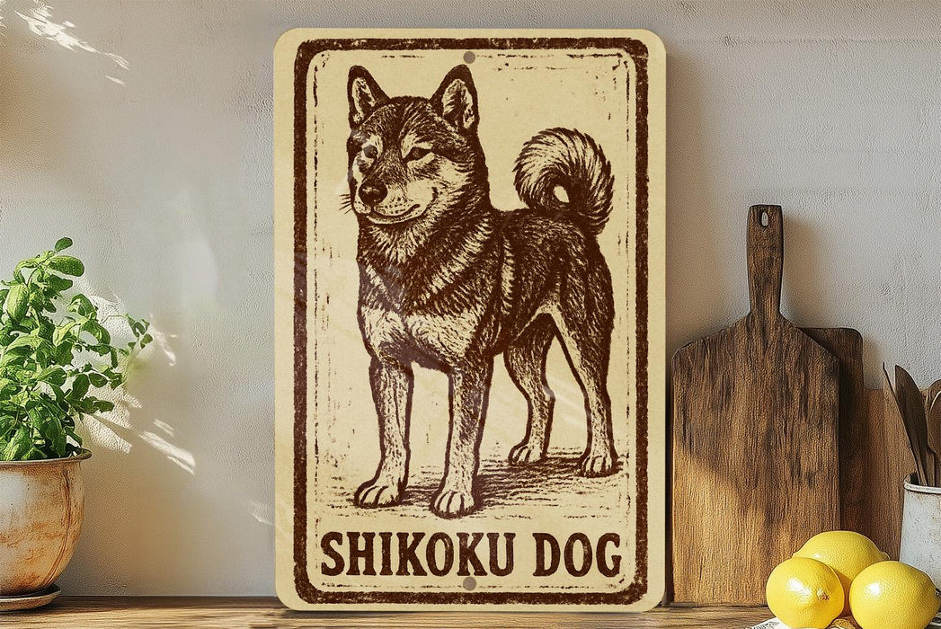 A vintage-style sign featuring a drawing of a Shikoku dog, a breed of Japanese Shiba Inu, is displayed on a shelf next to a wooden cutting board and some kitchen utensils.