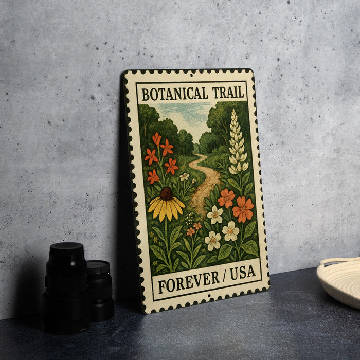 A metal stamp with a botanical trail design, featuring a winding path surrounded by colorful flowers and plants, is displayed on a table.