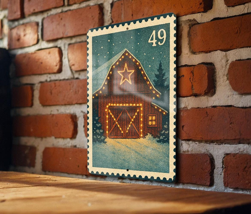 A wooden table with a brick wall in the background, and a framed illustration of a barn with a star on the front is displayed on the wall.