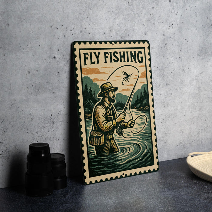 A metal sign with a man fishing in a river, surrounded by nature, with the text "FLY FISHING" prominently displayed.