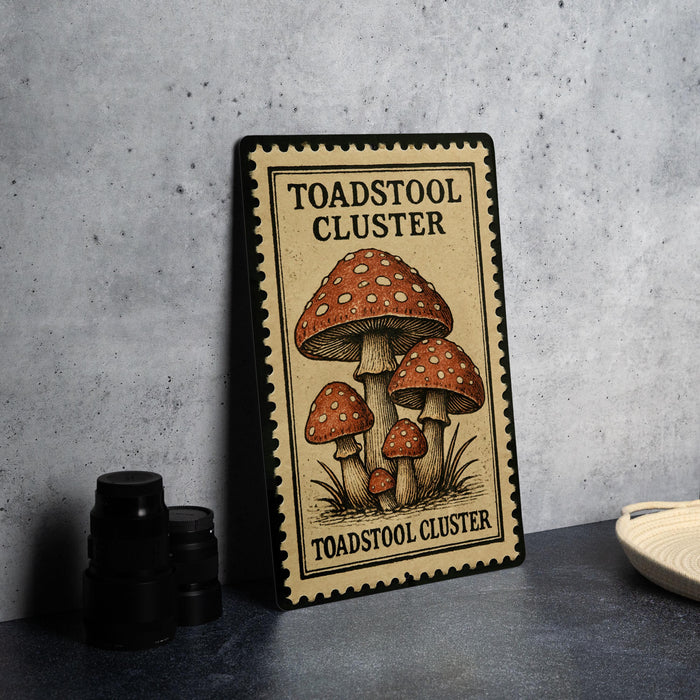 A metal sign with a mushroom illustration and the text "Toadstool Cluster" is displayed on a table.