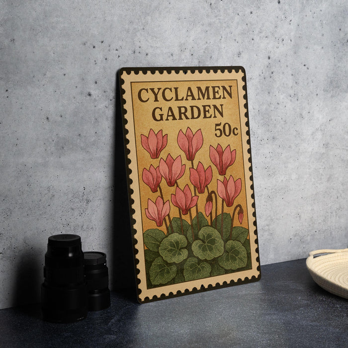 A metal stamp with a floral design and text, placed on a table next to some black camera lenses.