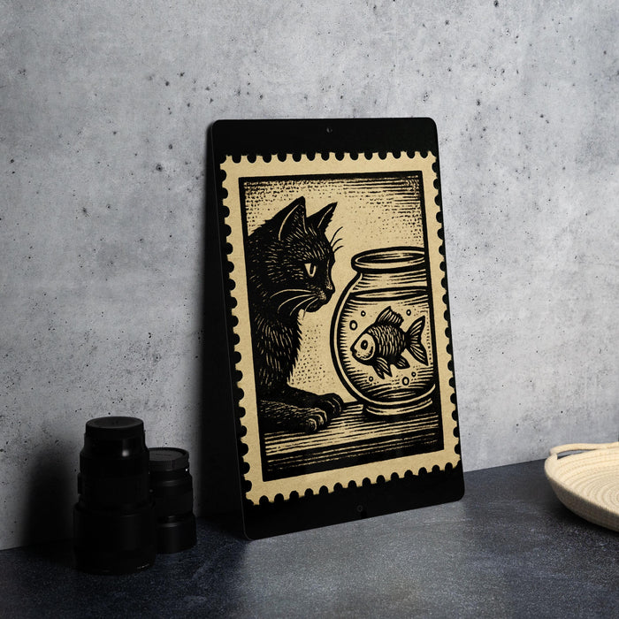 A framed illustration of a cat sitting next to a fishbowl on a table.