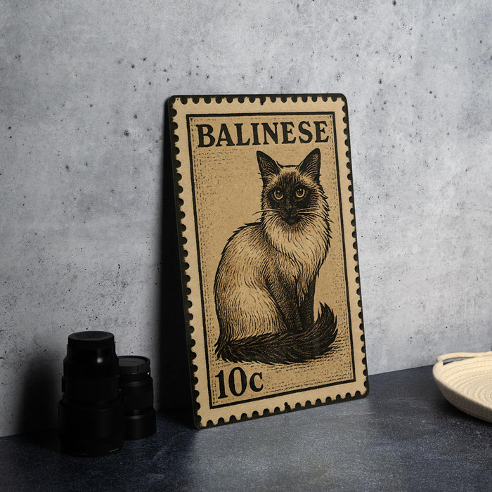 A metal stamp featuring a cat illustration, with the text "BALINESE 10c" printed on it.