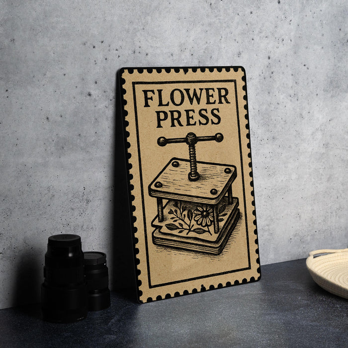 A vintage-style metal sign with the text "FLOWER PRESS" and an illustration of a flower press is displayed on a table.