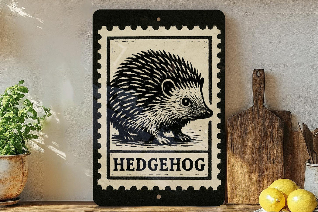 a black and white illustration of a hedgehog on a wooden frame, with the word "HEDGEHOG" written below it. The frame is placed on a wooden surface, with a potted plant to the left and a wooden cutting board to the right.