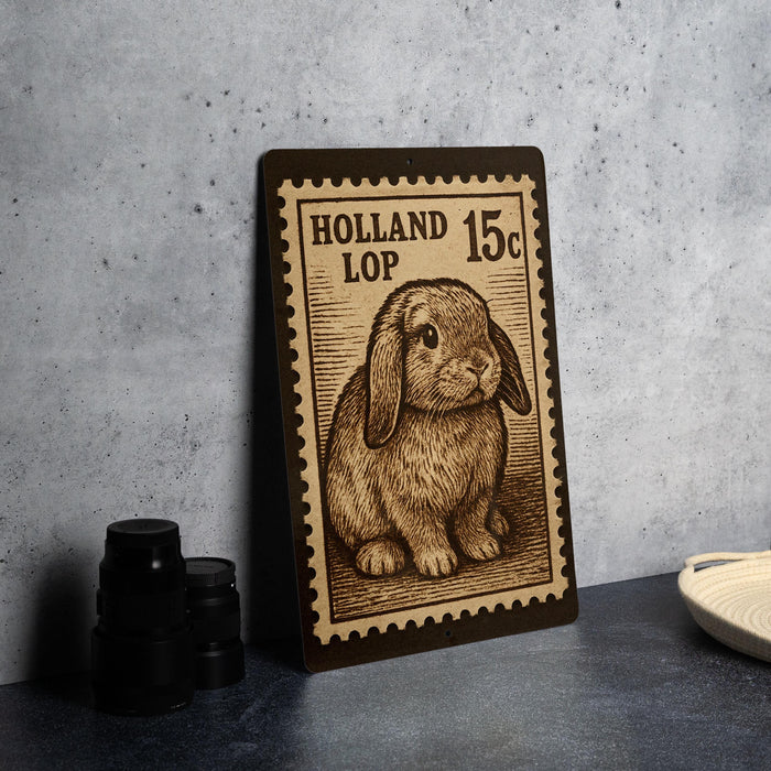 A wooden postcard or stamp featuring a rabbit, placed on a table next to some black camera lenses.