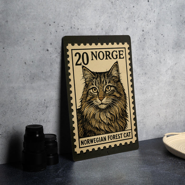 A wooden frame with a postage stamp design featuring a cat, placed on a table next to some black camera lenses.