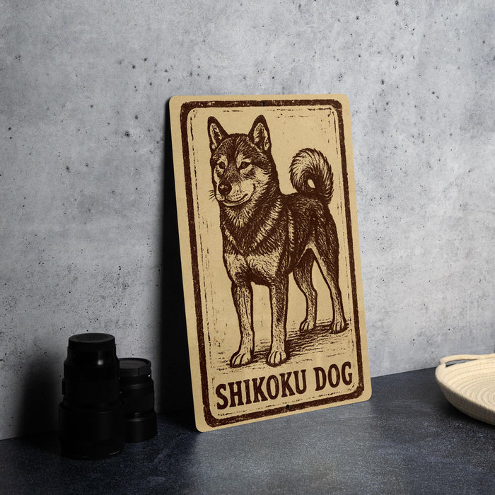 A wooden sign featuring a drawing of a Shikoku dog, a breed of Japanese Shiba Inu dogs, is displayed on a table.