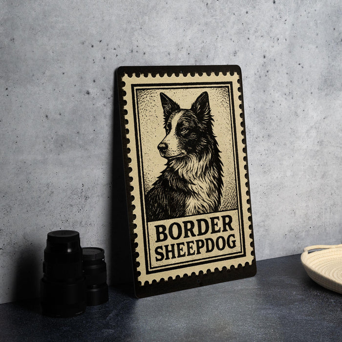 A black and white illustration of a Border Sheepdog on a wooden frame, with the text "BORDER SHEPP dog" below the dog's head.