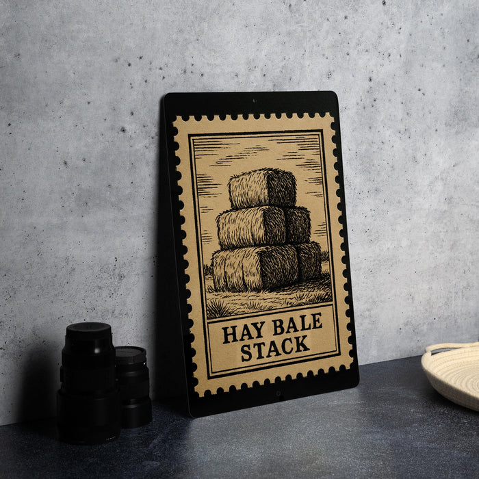 a framed illustration of hay bales stacked on top of each other, with the text "HAY BALE STACK" prominently displayed.