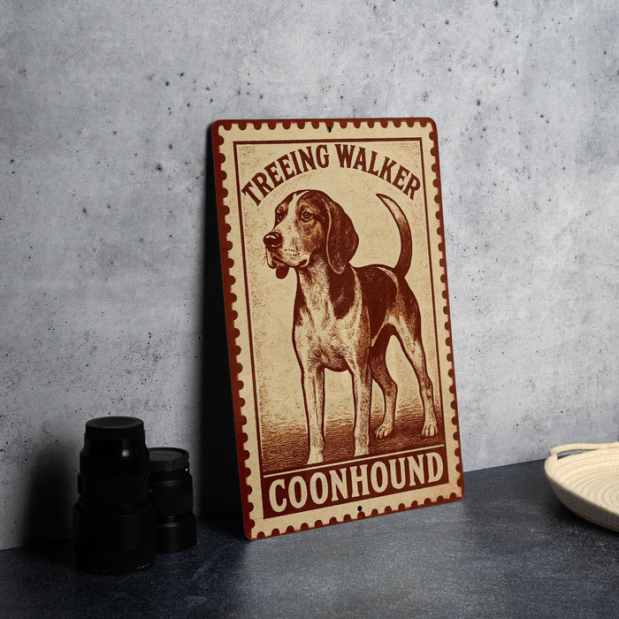 A metal sign with a picture of a beagle dog, labeled "TREEING WALKER COONHOUND", is displayed on a table.